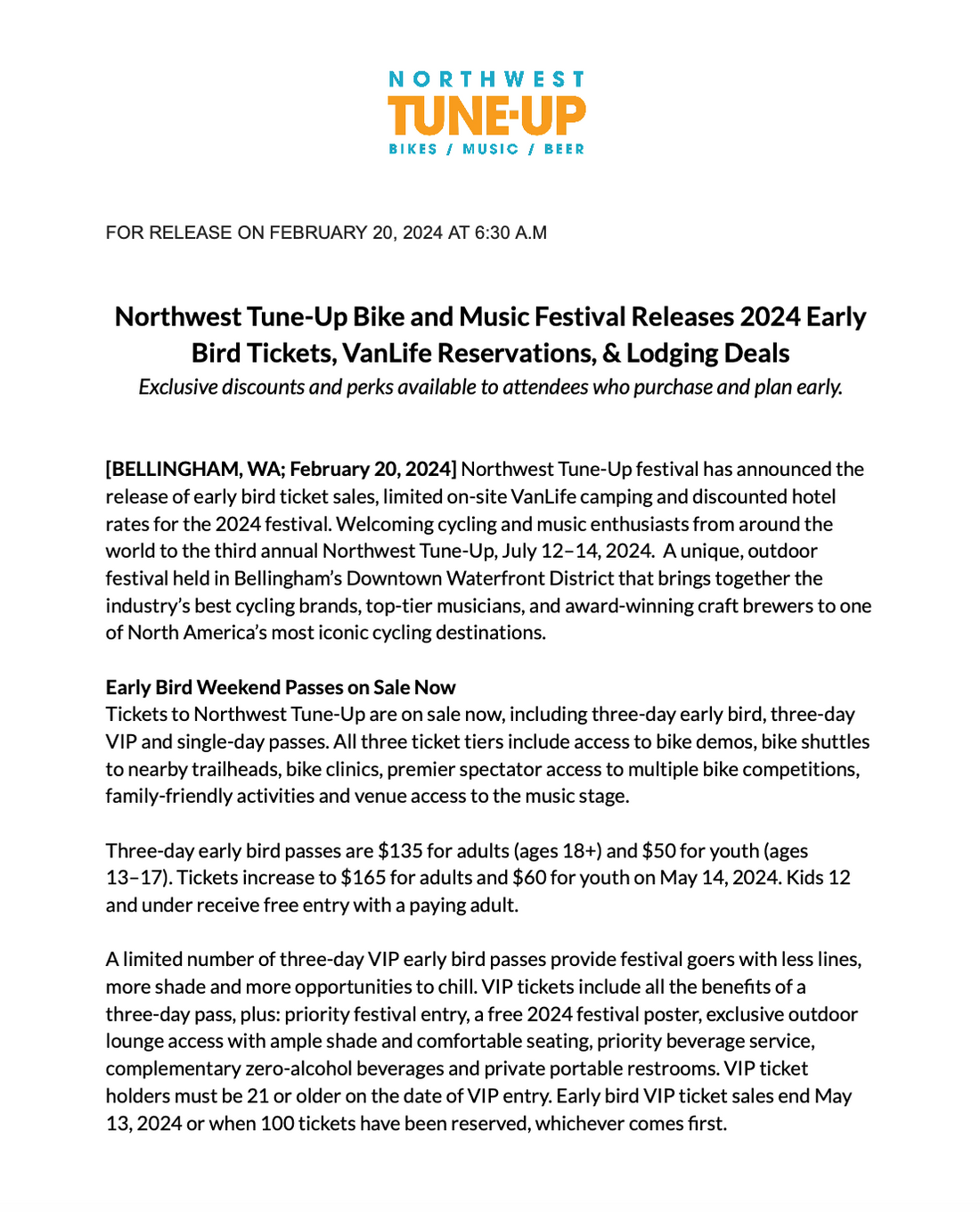 Northwest Tune-Up Bike and Music Festival Releases 2024 Early Bird Tickets, VanLife Reservations, & Lodging Deals